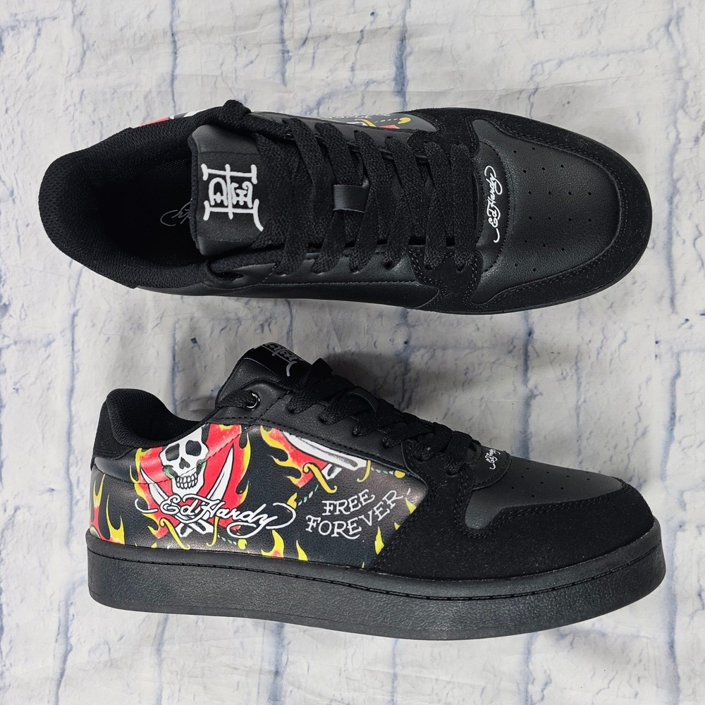 Ed Hardy Sneakers Mens 10.5 Black Free Forever Skull Flame Tattoo Art Low Shoes